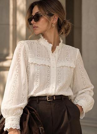 Молочна блуза zara 100% бавовна з ажурною вишивкою