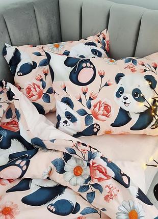 Детский комплект постельного белья. ткань бязь-хлопок. панды в цветах