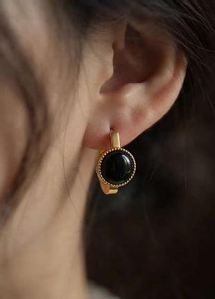 Серьги с черными вставками из камней нержавеющая сталь stainless steel