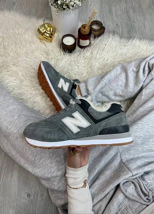 Зимові жіночі кросівки new balance 574 winter fur grey нью беланс сірого кольору хутро