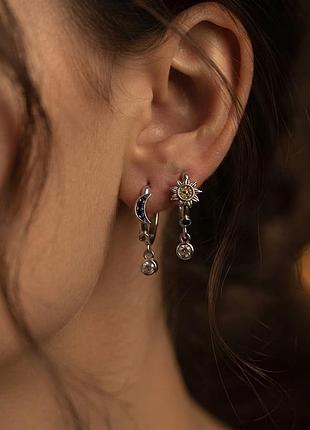 Серьги асимметричные серебро 925 солнце луны серебрения
