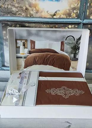 Постельное белье romeo home с вышивкой евро размер ранфорс kahve krem
