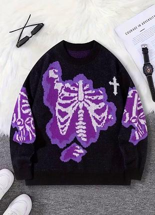 Свитер oversize с принтом скелет, крест, drip, y2k, grunge, alt, вязаный мирер, скелетон, свитшот, кофта, кофточка