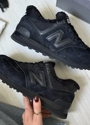Кросівки зимові унісекс чорні new balance 574 low black (хутро)