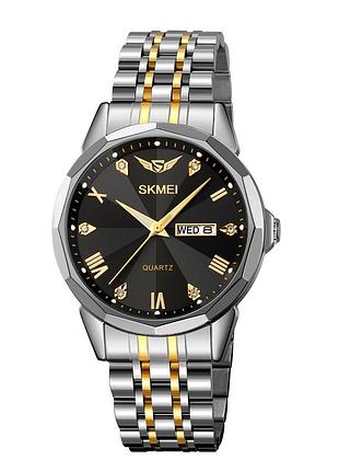 Мужские часы skmei 2291tgdbk silver-gold-black с минеральным стеклом и стальным браслетом