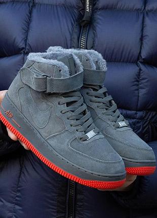 Серые кроссовки унисекс nike air force 1 high grey red winter fur x эйр форс 40