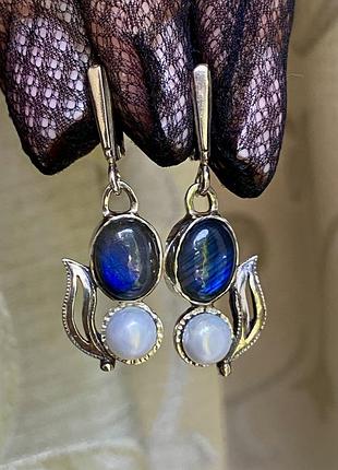 Шикарні срібні сережки з лабрадорами та перлами