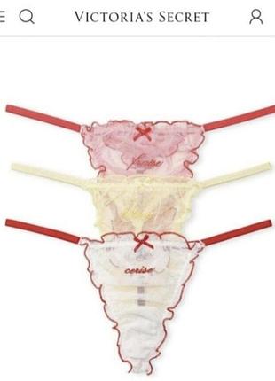 Victoria's secret орiгiнал трусики стринги сiточка трусiкi з вишивкою victorias secret набiр 3 шт р.m