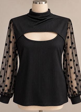 Чорна блуза shein 2xl з прозорими рукавами в горох