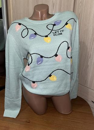 Светр для дівчинки h&m м'ятний з новорічним принтом 12-14 років