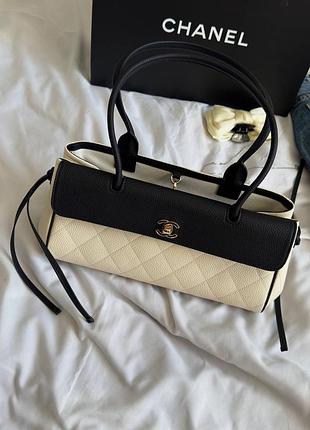 Трендова жіноча сумка ch@////nel 26s "preppy coco" small bag black/white gold