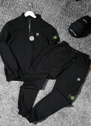 Мужской спортивный костюм stone island черный (трехнитка)
