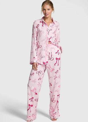 Женская пижама розовая хлопок фланель с бантиками рубашка + штаны victoria's secret pink оригинал qt621