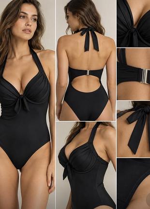 Суцільний жіночий купальник pour moi чорний розмір 38 g xl