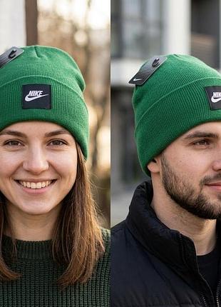 Вязаная шапка nike зеленая с отворотом - мужская / женская демисезонная шапка найк