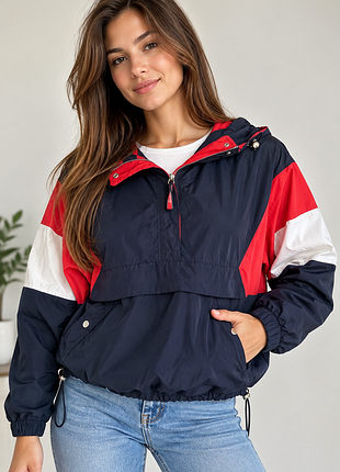 Женская ветровка анорак bershka l с капюшоном сине-красная
