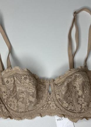 Бюстгальтер базовий мереживний з сіточкою m&s - бежевий , рр 70c, 75a