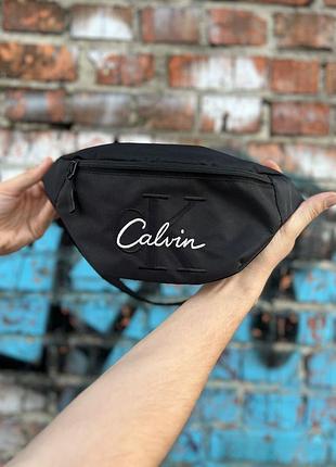 Сумка-бананка calvin klein чорна, модель через плече з тканини oxford 1000d
