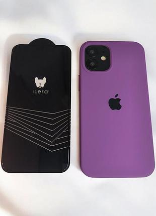 Комплект для iphone 12 mini захисне скло ilera + силіконовий чохол silicon case purple