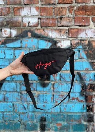 Чорна сумка hugo boss через плече, чоловіча бананка на пояс 34×14 см