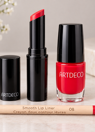 Набор artdeco - помада color lip shine No23 + карандаш smooth lip liner No08 + лак для ногтей красный