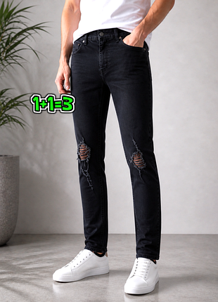 🎁1+1=3 фирменные серо-черные зауженные мужские джинсы стрейч topman, размер 46 - 48