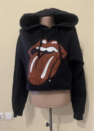 Тепла флісова укорочена толстовка topshop and finally rolling stones оверсайз із капюшоном розмір 8/ s