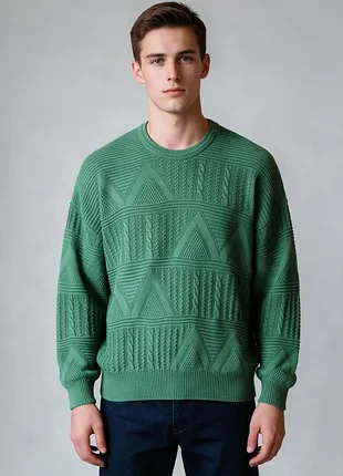 Свитер мужской зеленый фактурный 🧶 50% бавовна west germany 🇩🇪 bueckle 💚 рельефный джемпер оверсайз кофта винтажный
