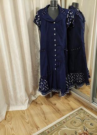 Котоновое с карманами, кружевом, воланом, шнуровкой и прошвой платье 👗