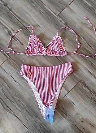 Красно-белый раздельный купальник в полоску asos design, размер s (eu 36 / u9 8)