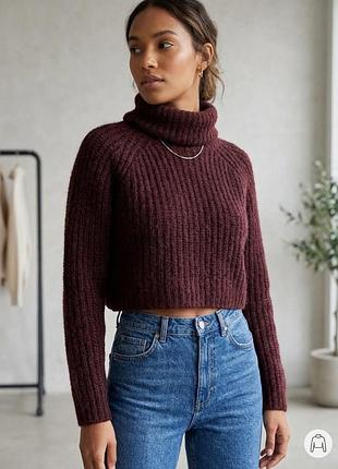 Шерстяний вкорочений светр zara knit з мохером (бордовий / марсала), розмір s