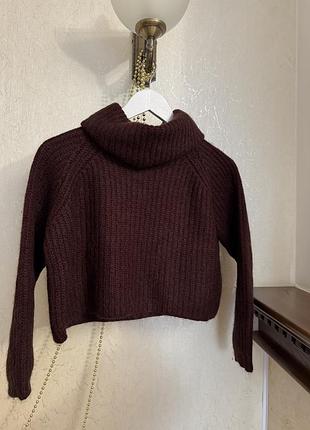 Шерстяний вкорочений светр zara knit з мохером (бордовий / марсала), розмір s 2