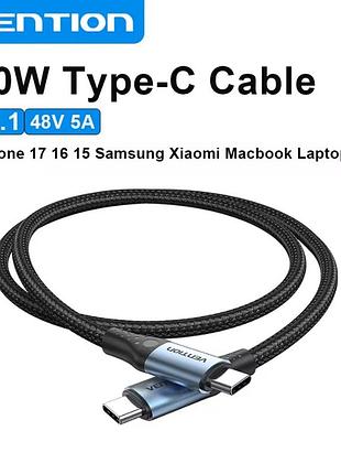 Кабель vention 240w type-c to type-c 5a pd3.1 e-marker (tre, 2 метра, nylon) black