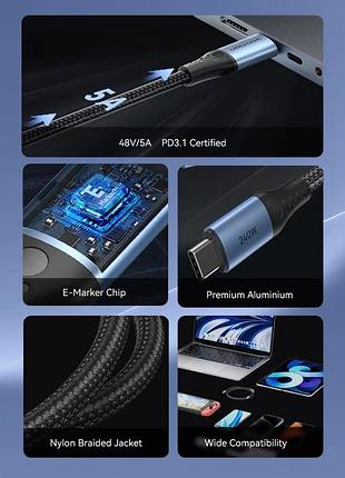 Кабель vention 240w type-c to type-c 5a pd3.1 e-marker (tre, 2 метра, nylon) black 3