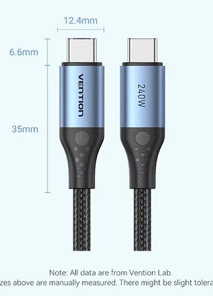 Кабель vention 240w type-c to type-c 5a pd3.1 e-marker (tre, 2 метра, nylon) black 6