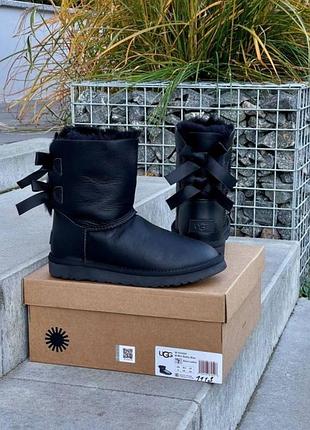Женские угги средние кожаные с 2 бантами ugg bailey bow black 2 leather