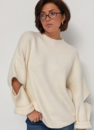 В’язаний джемпер oversize з блискавками на рукавах - молочний цвет, one size (є розміри)