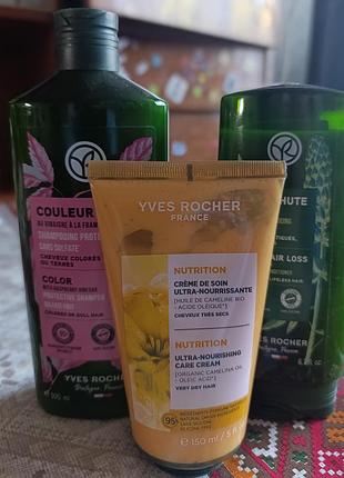 Набір для волосся yves rocher: шампунь для фарбованого волосся, шампунь від випадіння волосся, крем для живлення волосся