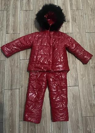 Комбинезон зимний штаны куртка на овчине красный однотонный на девочку 4-5 лет 110-116 р на синтепоне плащевка монклер