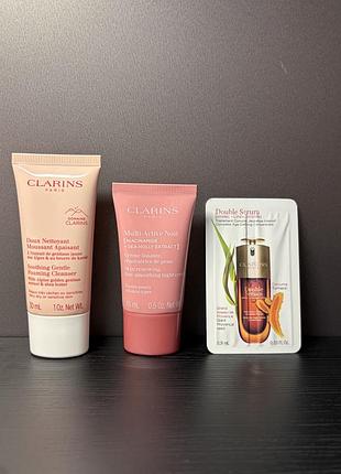 Clarins подарунковий набір догляду +  multi-active nuit 15 мл + очищувач 30 мл + double serum 0,9 ml + оригінал
