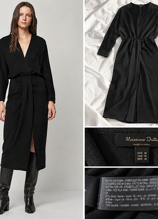 Шерстяное черное платье massimo dutti рукав летучая мышь миди с платьем v вырезом