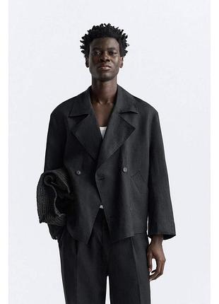 Мужская льняная укороченная кроп куртка zara лён оверсайз двубортный жакет пиджак бушлат тренч пальто, s