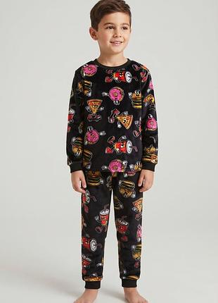 Детская теплая пижама унисекс george с принтом фастфуд (черная, 7-8 лет, 122-128 см)