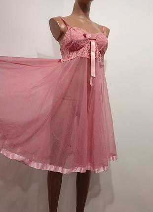 Вінтажний рожевий пеньюар бебі-долл plus size, чашка c-d, спідниця сонце, нюанси