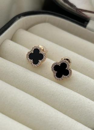 Сережки цвяшки конюшина золотисті з чорною серединкою, ван кліф, van cleef, конюшинка, серьги клевер