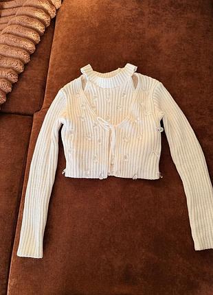 Топ з кардиганом zara з камінцями трикотажний комплект двійка