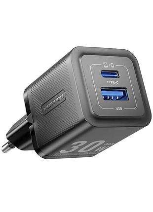 Зарядное устройство vention 1xusb-c pd30w + 1xusb qc3.0 30w gan + cable usb-c to usb-c 1.0m black (tz-feqb0-eu-01)