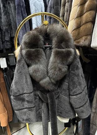 Еко шуба с натуральным мехом на воротнике, цвет графит