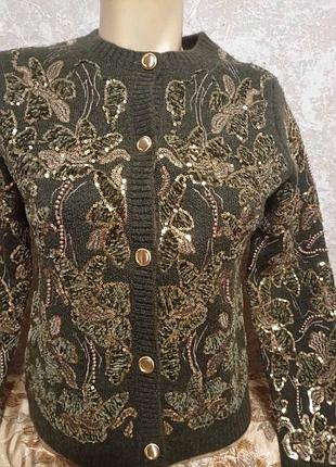 Женская праздничная кофта кардиган из шерсти, в пайетки и жемчужины