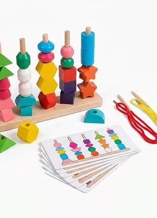 Дерев'яний геометричний сортер wtoys, геометричні фігури, шнурівка, 8 двосторонніх карток, в коробці